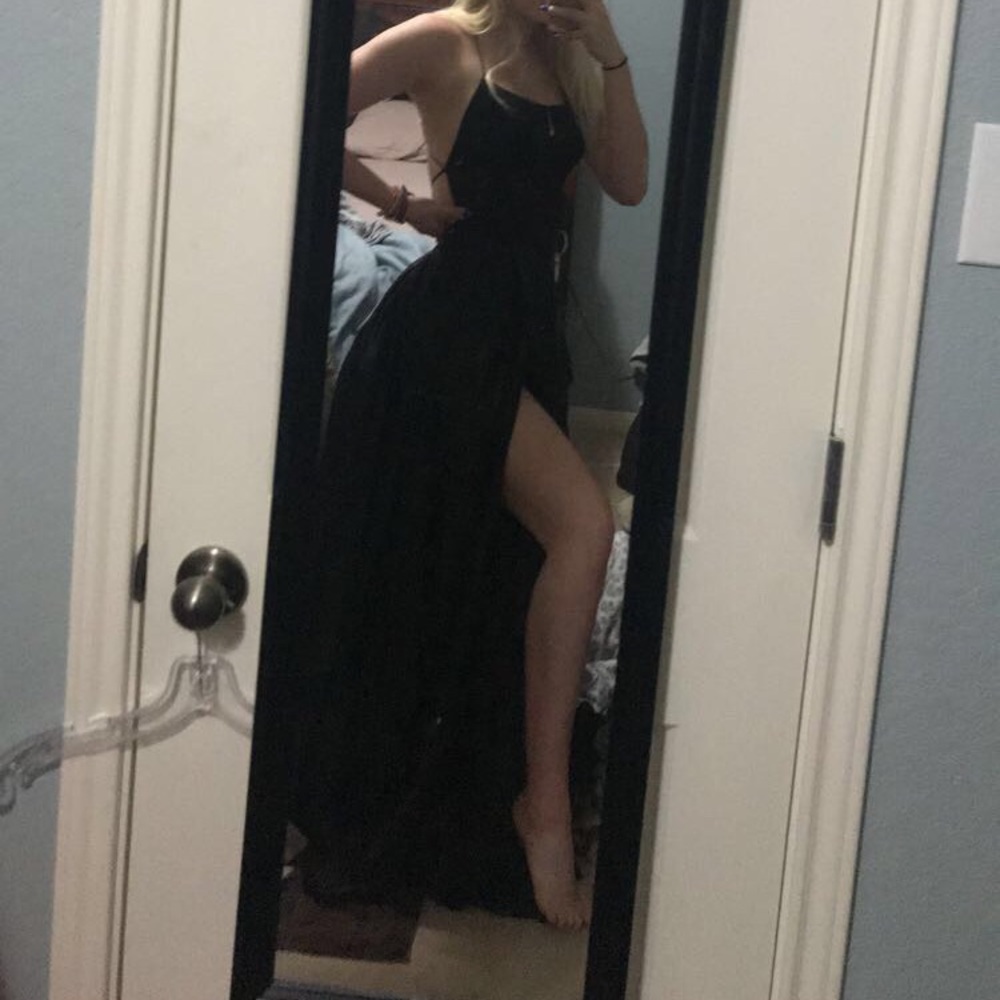 Sherri Hill Black Satin Slit Gown
